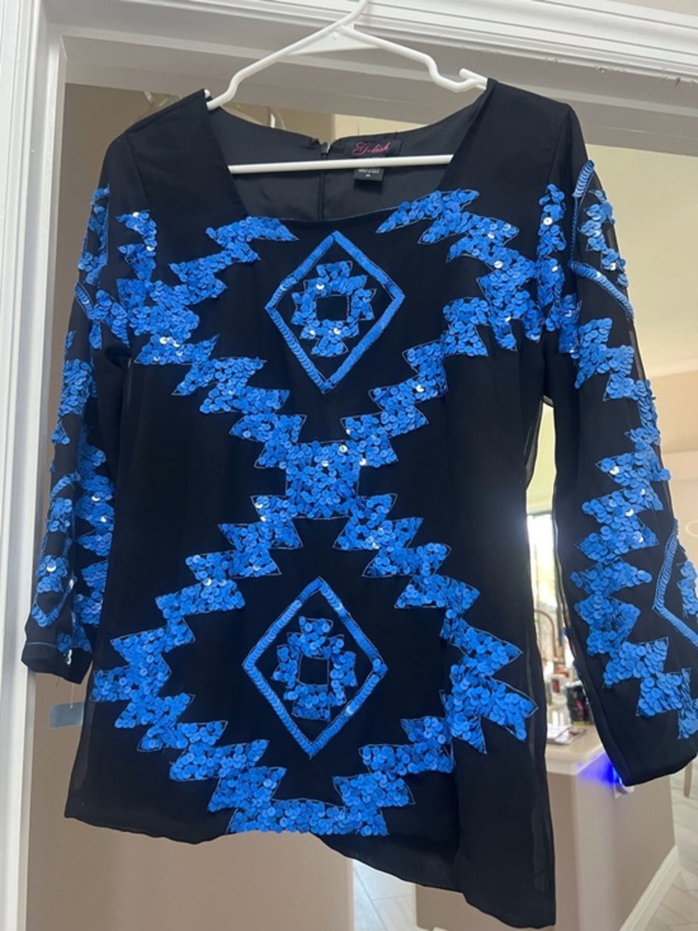 Embellished Black Silk Blouse with Blue Sequin Geometric Pattern